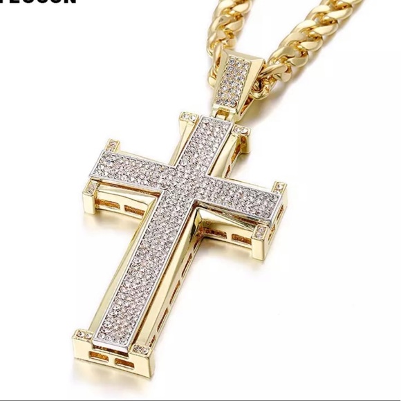 New gold cross necklace holy religious icy flash